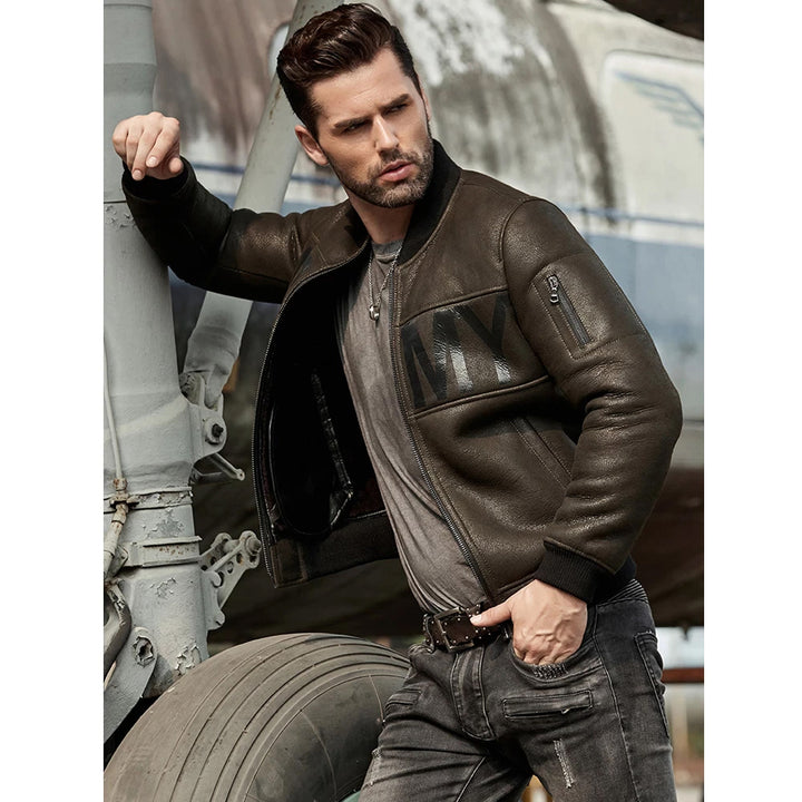 Buy Best Mens ArmyGreen B3 Flight Sheepskin Motorcycle Leather Jacket