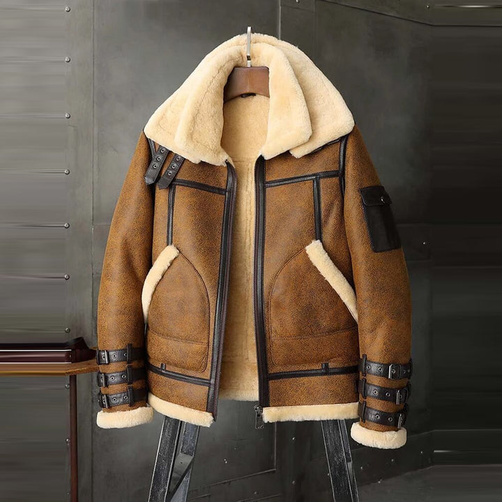 Mens B3 RAF Aviator Brown Double Collar Flight Shearling Leather Jacket Coat