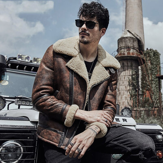 Buy Best price Trendy Fashion Mens B3 RAF Waxed Brown Flying Aviator Leather Shearling Jacket Coat