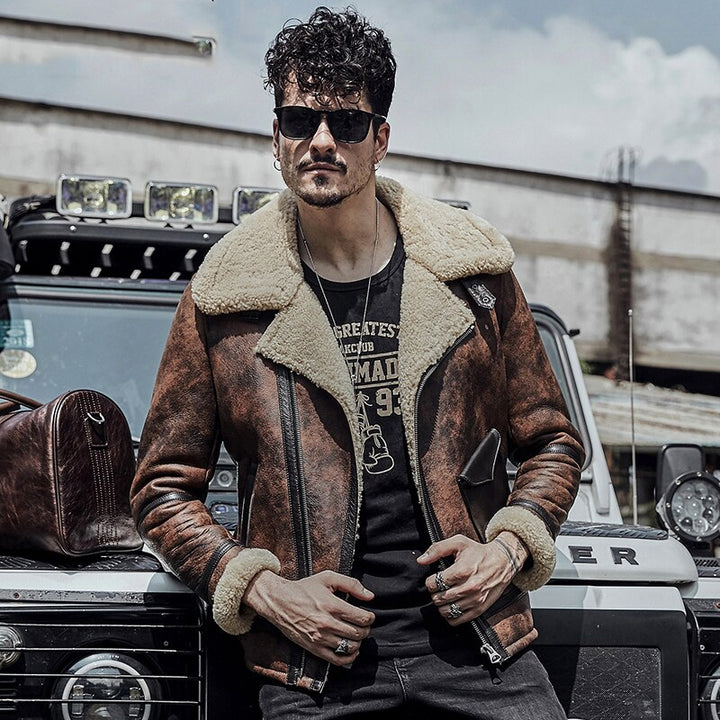 Buy Best price Trendy Fashion Mens B3 RAF Waxed Brown Flying Aviator Leather Shearling Jacket Coat