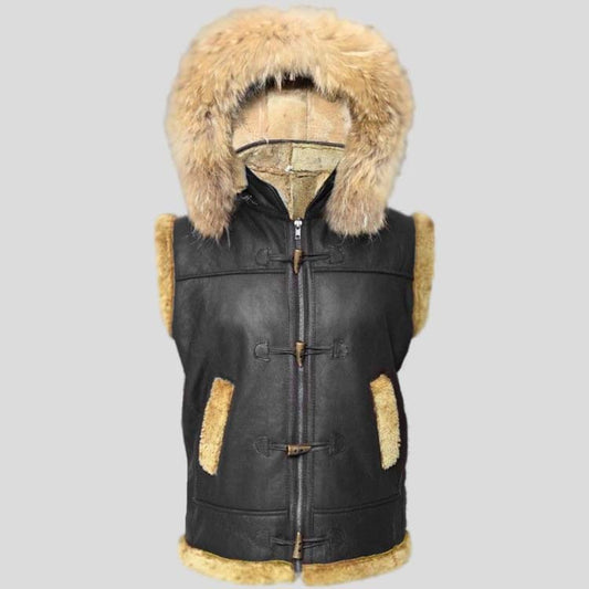 Mens Black B3 Aviator Fur Shearling RAF Leather Vest with Hoodded