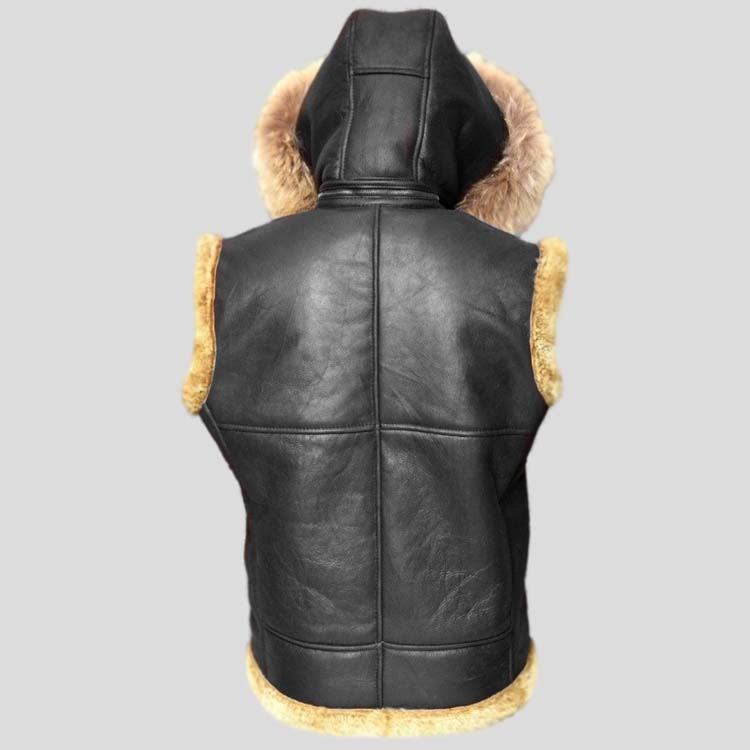 Mens Black B3 Aviator Fur Shearling RAF Leather Vest with Hoodded