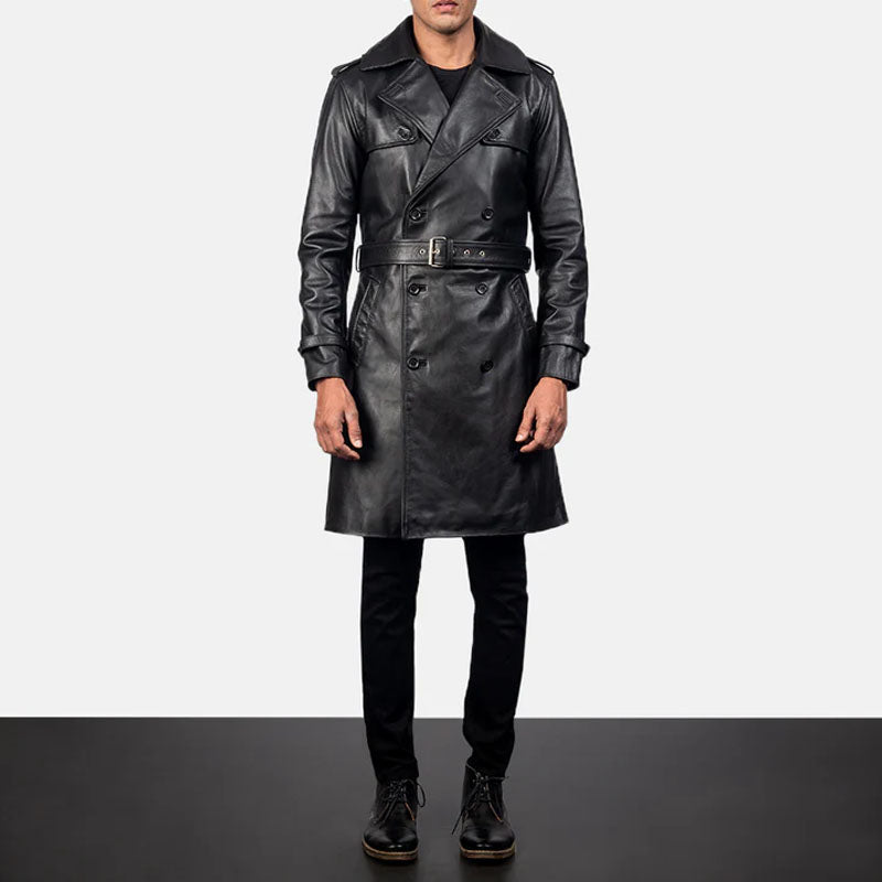 Mens Black Leather Duster Belted Coat
