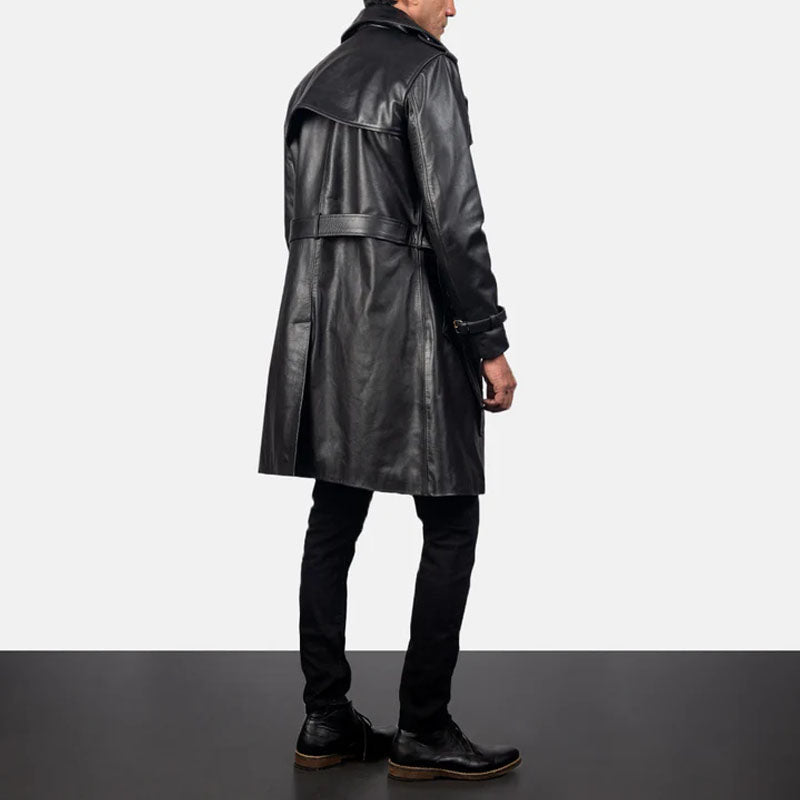 Mens Black Leather Duster Belted Coat