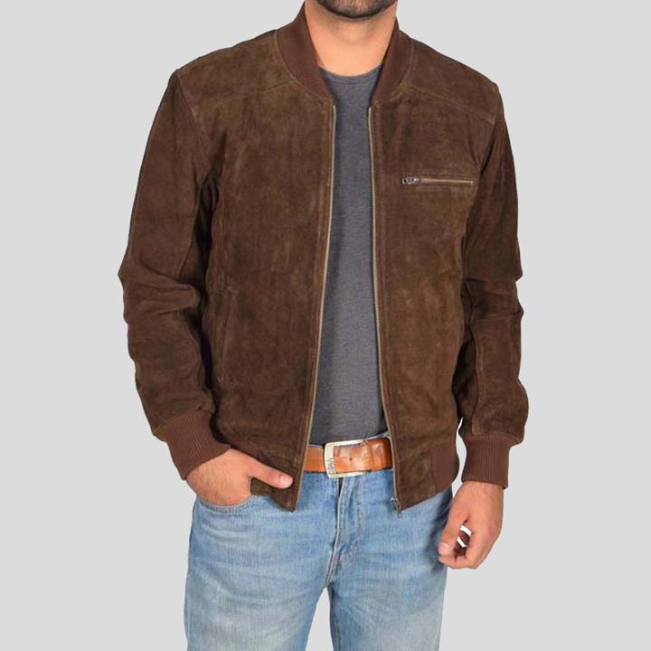 Mens Chocolate Brown Suede Bomber Jacket