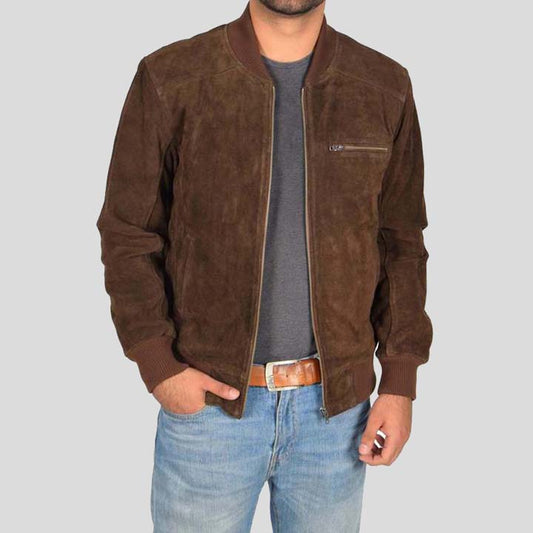 Mens Chocolate Brown Suede Bomber Jacket