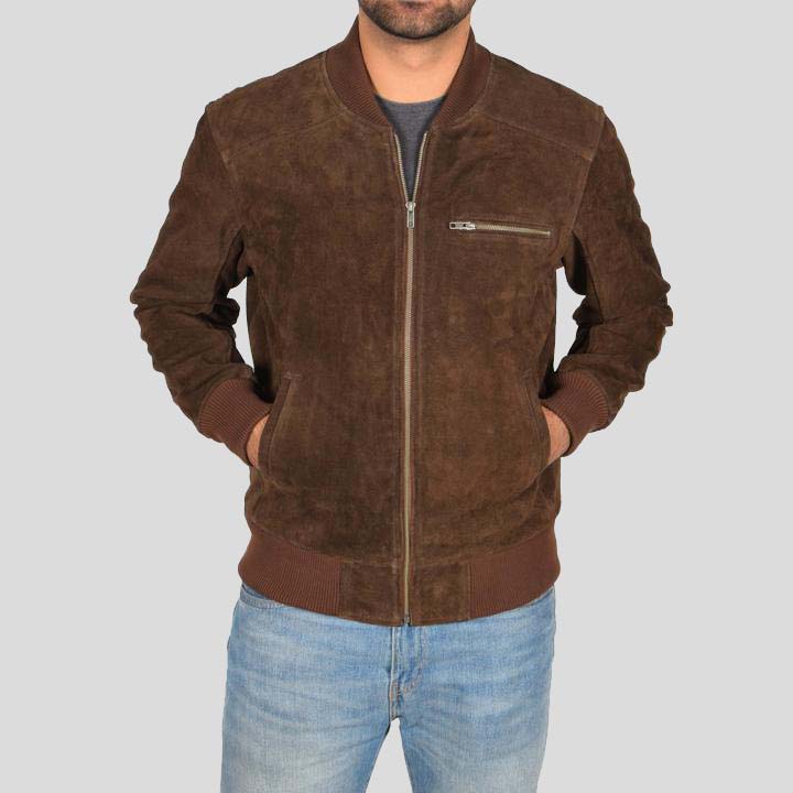 Mens Chocolate Brown Suede Bomber Jacket