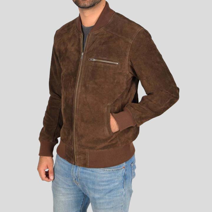 Mens Chocolate Brown Suede Bomber Jacket