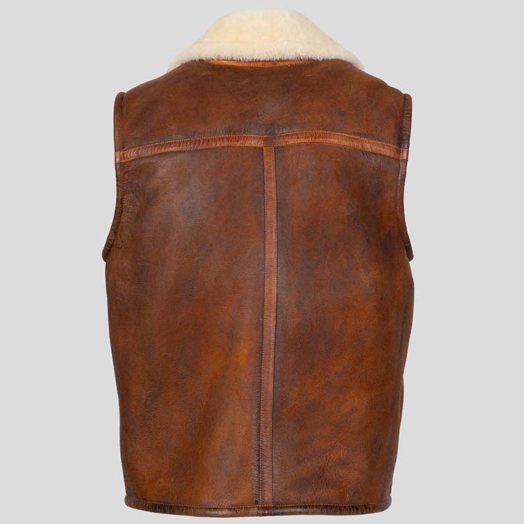 Mens Distressed Brown Shearling Fur Sheepksin Leather Vest