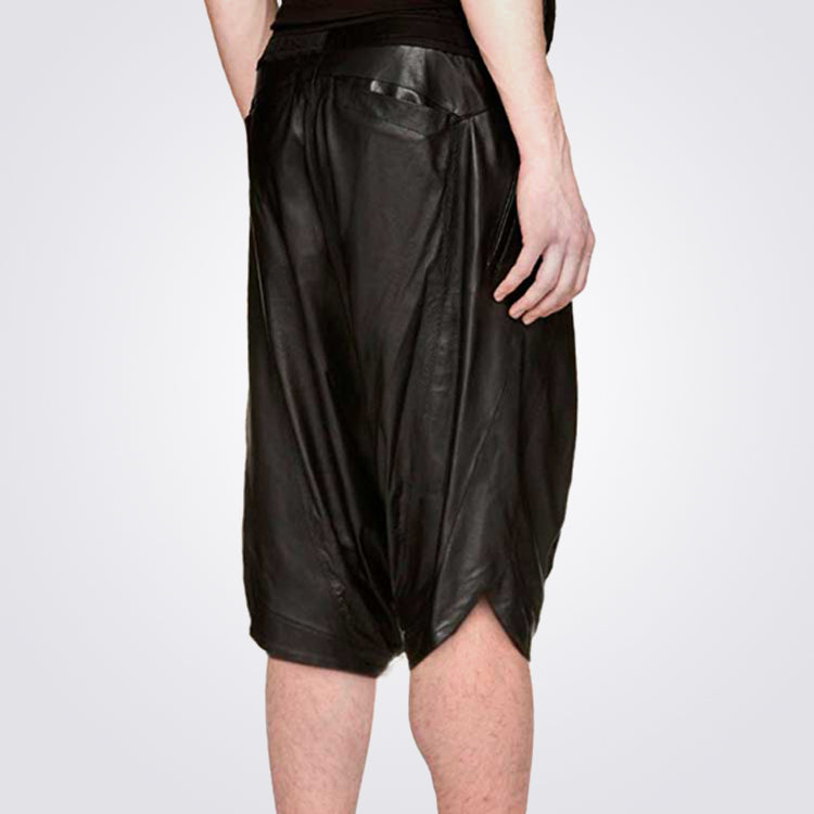 Mens Drop Crotch Black Leather Shorts