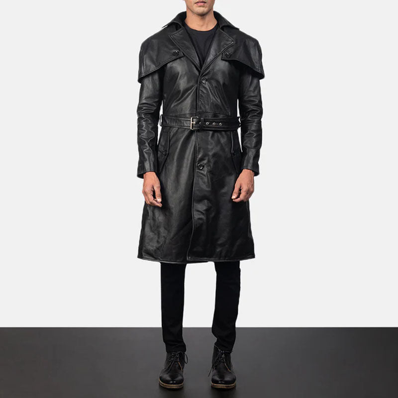 Black Belted Lambskin Leather Duster Coat