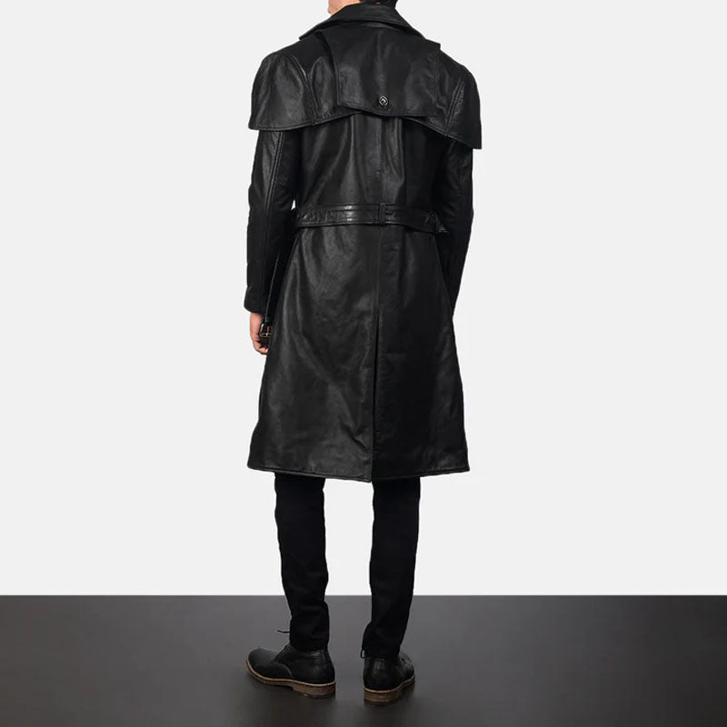 Black Belted Lambskin Leather Duster Coat