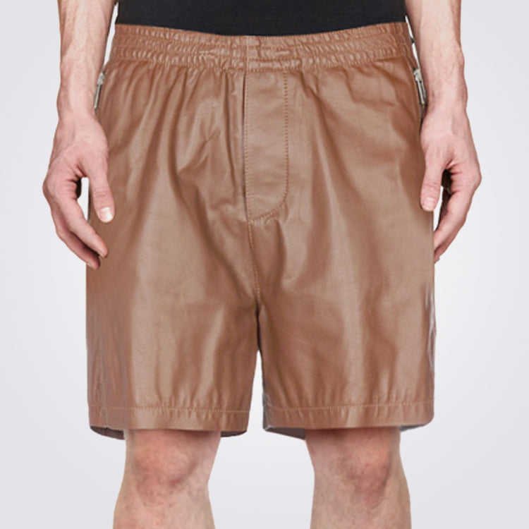Mens Zippered Pocket Brown Leather Shorts Male