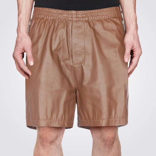 Mens Zippered Pocket Brown Leather Shorts Male