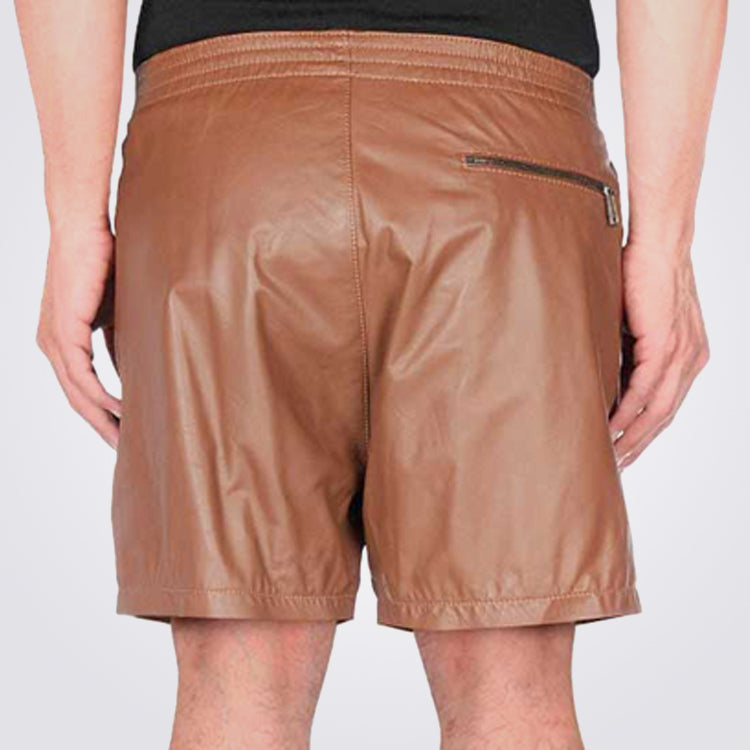 Mens Zippered Pocket Brown Leather Shorts Male