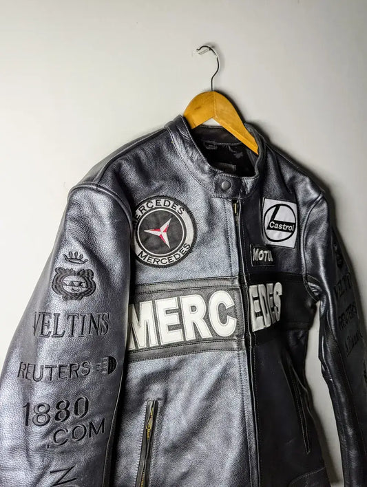 Mercedes Racing Zip up Genuine Cowhide Leather Jacket