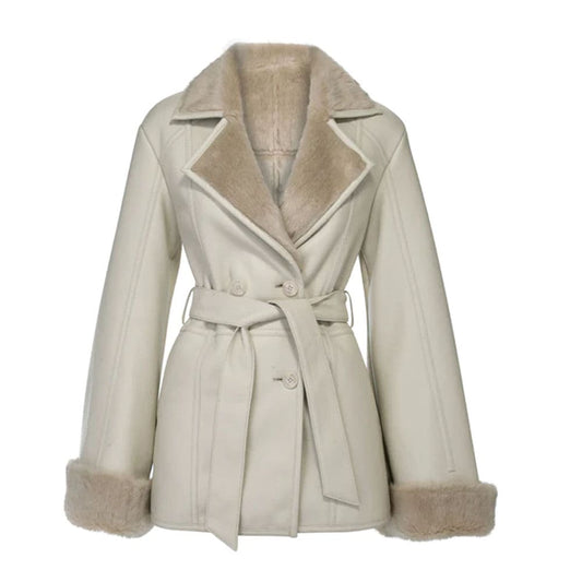 Morning Glory Beige Bonded Genuine Leather & Faux Fur Jacket