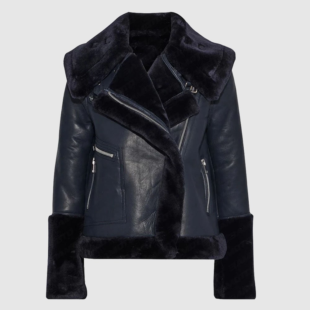 Navy Blue Lambskin Leather And Faux Fur Coat