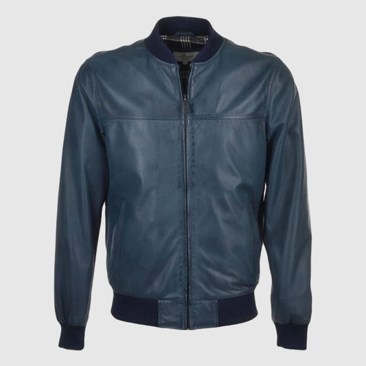  Navy Waxed Bomber Leather Jacket for Men-Top Sale