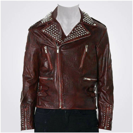 Red Waxed Punk Studded Leather Jacket for Men