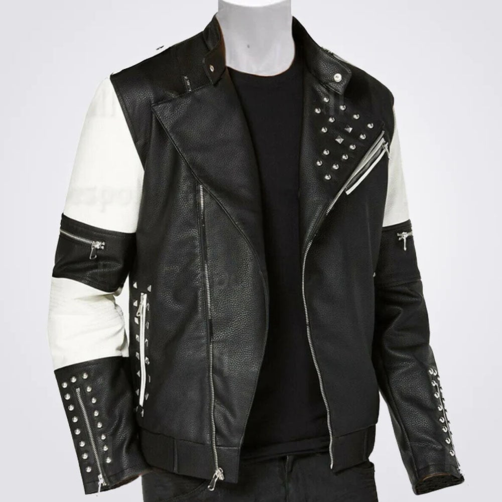 Men Biker Jacket - Black & Silver Studded Design