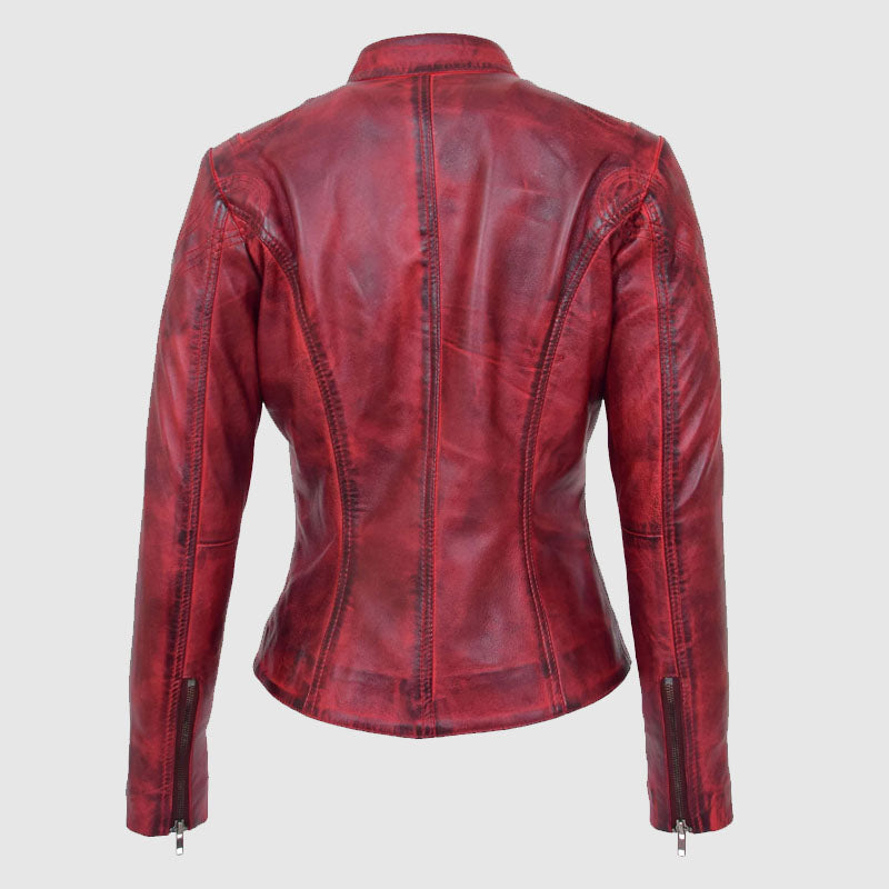 New High Quality Womens Leather Standing Collar Jacket Becky Burnt Red