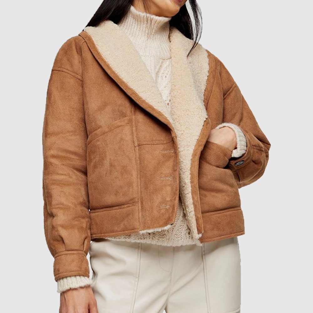 Nutty Brown Faux Shearling Leather Jacket
