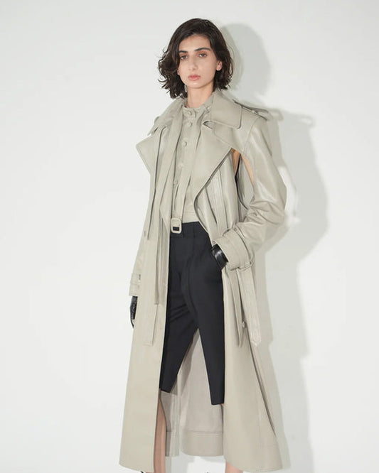 Buy Stylish Off White Double Breasted Duster Leather Trench Coat