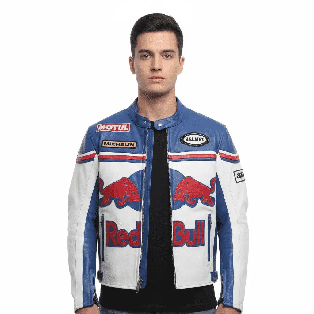 Red Bull Leather Motorbike Jacket – Vintage 90s Racing Style, Genuine Leather