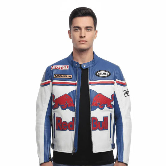 Red Bull Leather Motorbike Jacket – Vintage 90s Racing Style, Genuine Leather