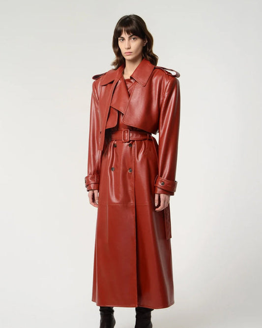 Buy Best Classic Looking Fashion Red Lambskin Leather Trench Coat