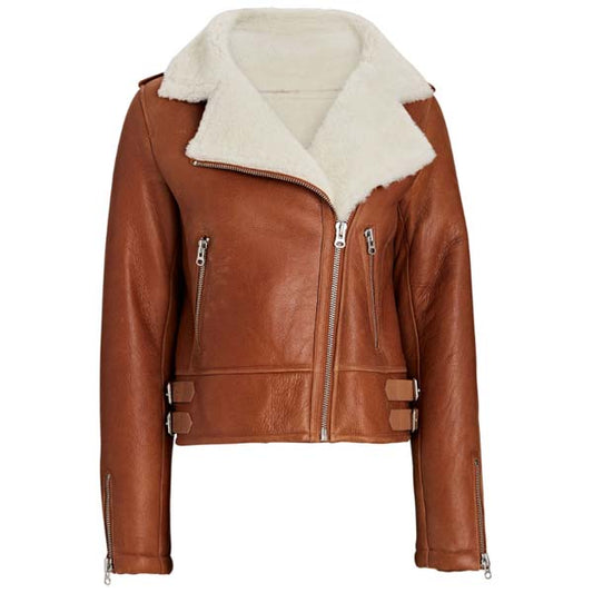 Shearling Lined Leather Aviator Jacket Brown