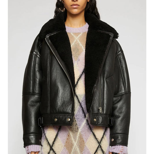 Shearling aviator black fur Leather jacket