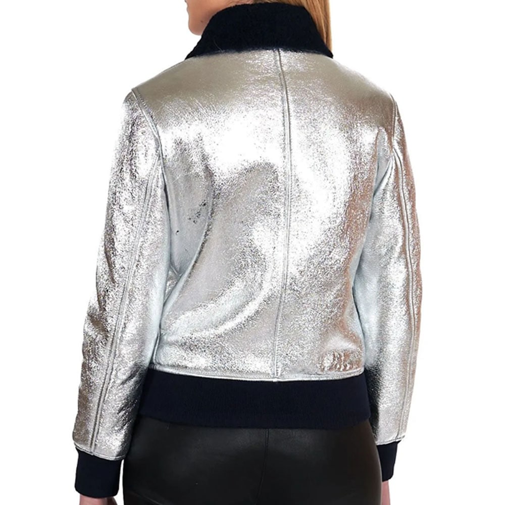 Silver laminated shearling bomber jacket smooth effect