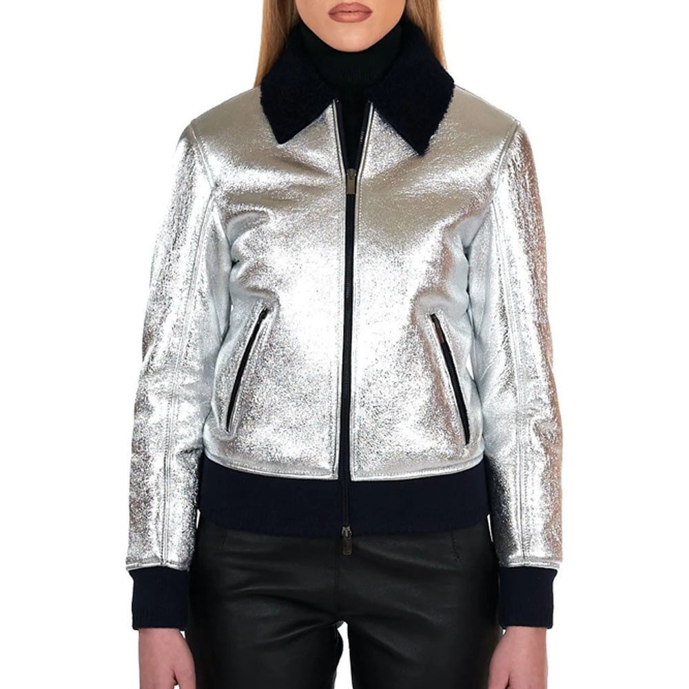 Silver laminated shearling bomber jacket smooth effect