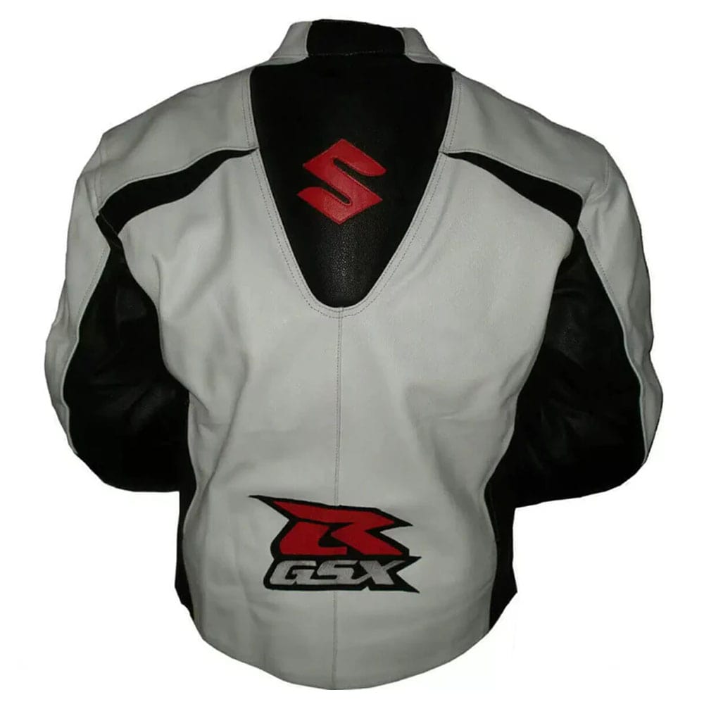 Suzuki White Leather Black Red Stripe Motorcycle Jacket