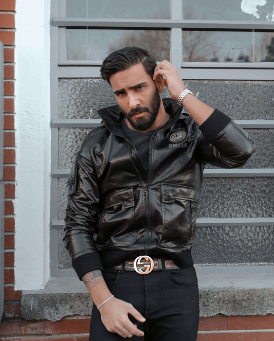 Black Hooded Genuine Leather Bomber Jacket