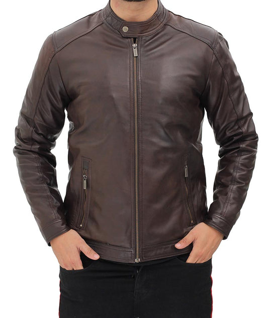 Udine Mens Brown Leather Cafe Racer Jacket