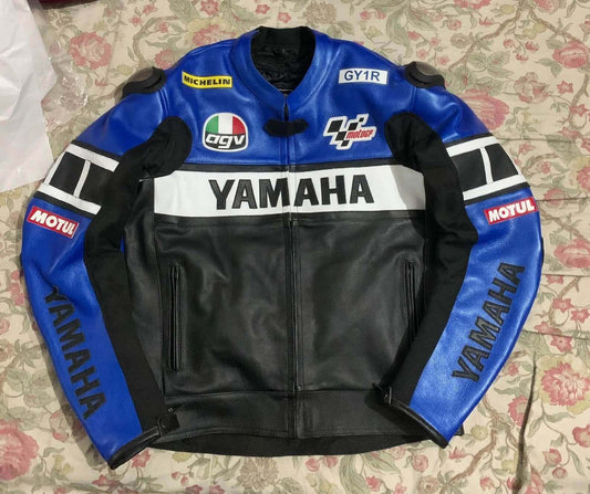 Unisex Yamaha Blue & Black Motorcycle Cowhide Leather Jacket