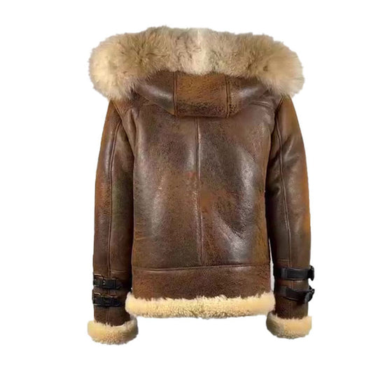 Rocco Vintage Distressed Brown Aviator bomber shearling jacket with hoodie  (6)