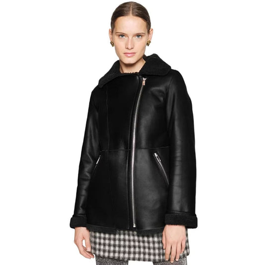 Veronica Women Fashion Black Aviator Shearling Blazer Coat