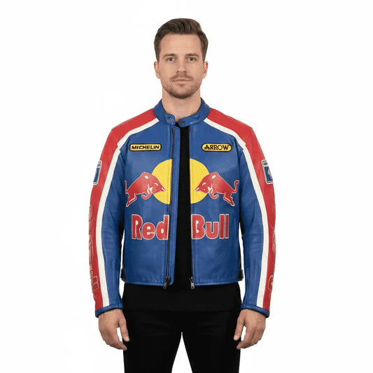 Vintage Retro Red Bull Racing Leather Motorcycle Jacket
