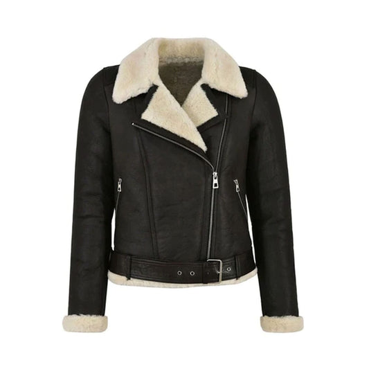 Women Genuine Leather Faux Fur Shearling Biker Jacket