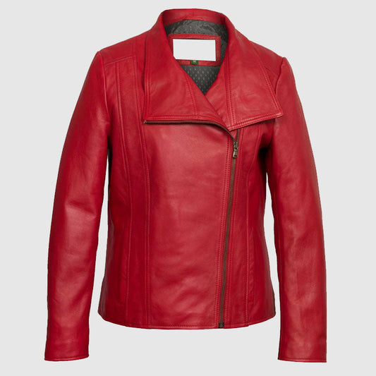 Women Red Leather Biker Jacket High Quality