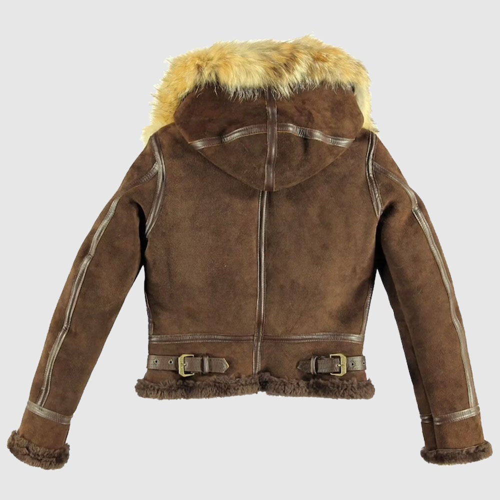 Women B3 Bomber Brown Aviator Hooded Vintage Real Shearling Fur Leather Jacket