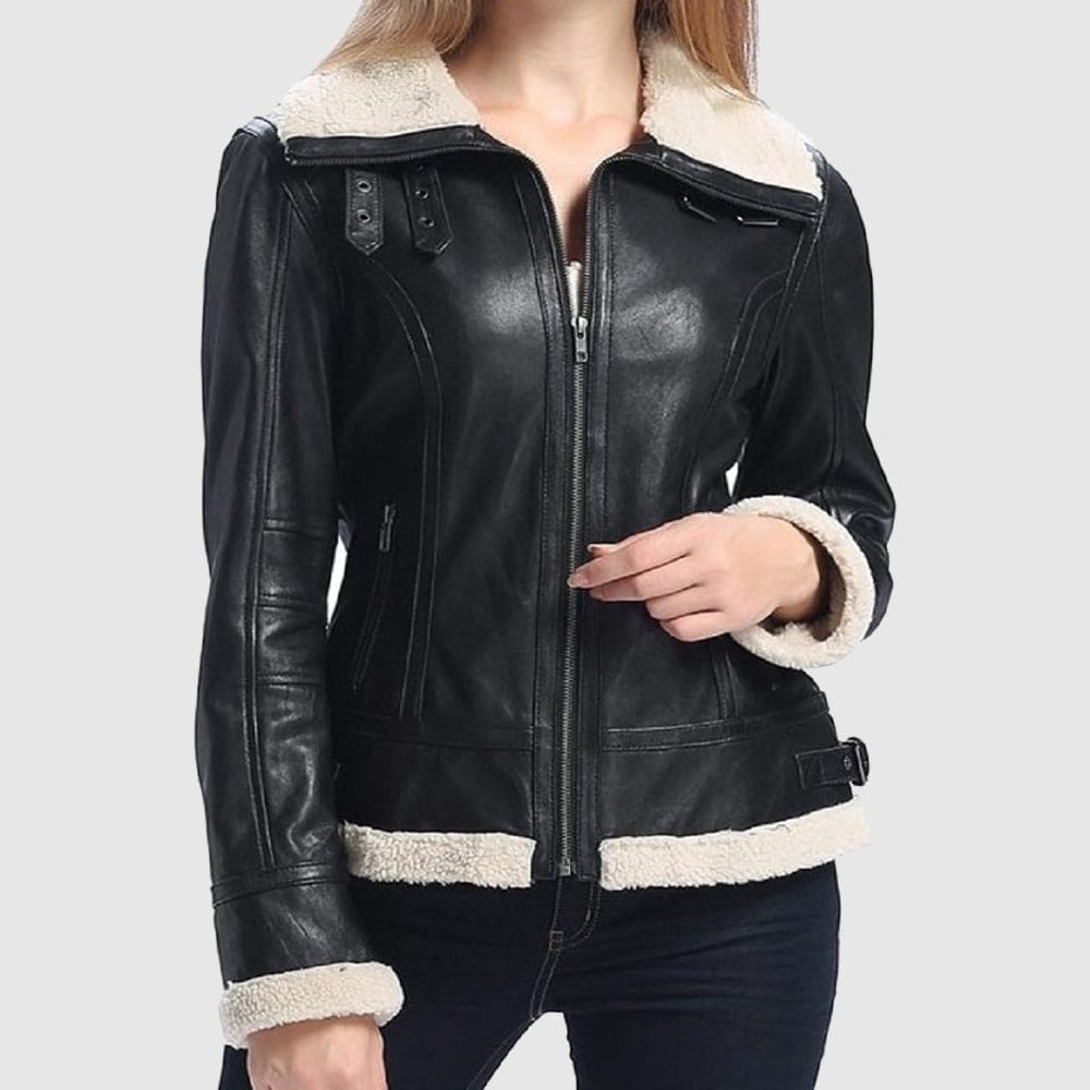 Women Black Bomber Shearling Jacket