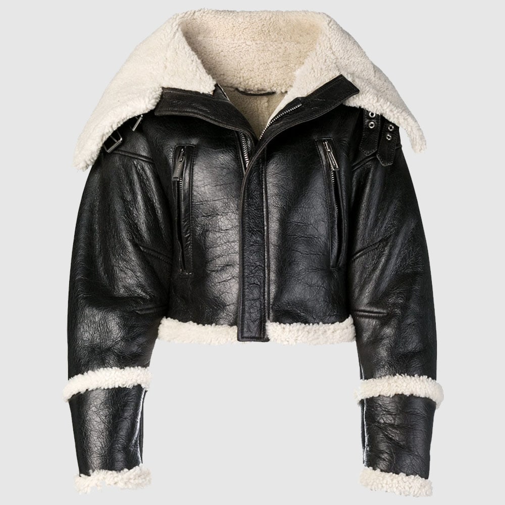 Women Black Long Collar Shearling Jacket