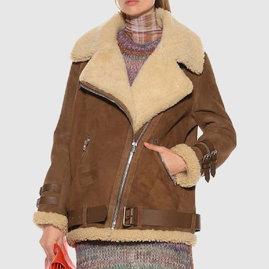 Women Brown Suede Shearling Jacket