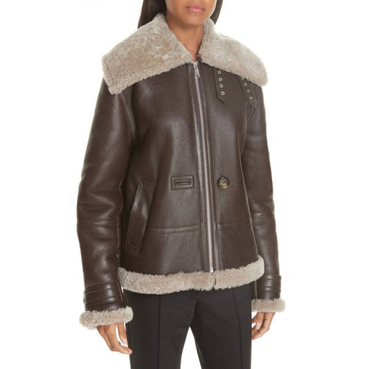 Women Faux Shearling Brown Aviator Jacket