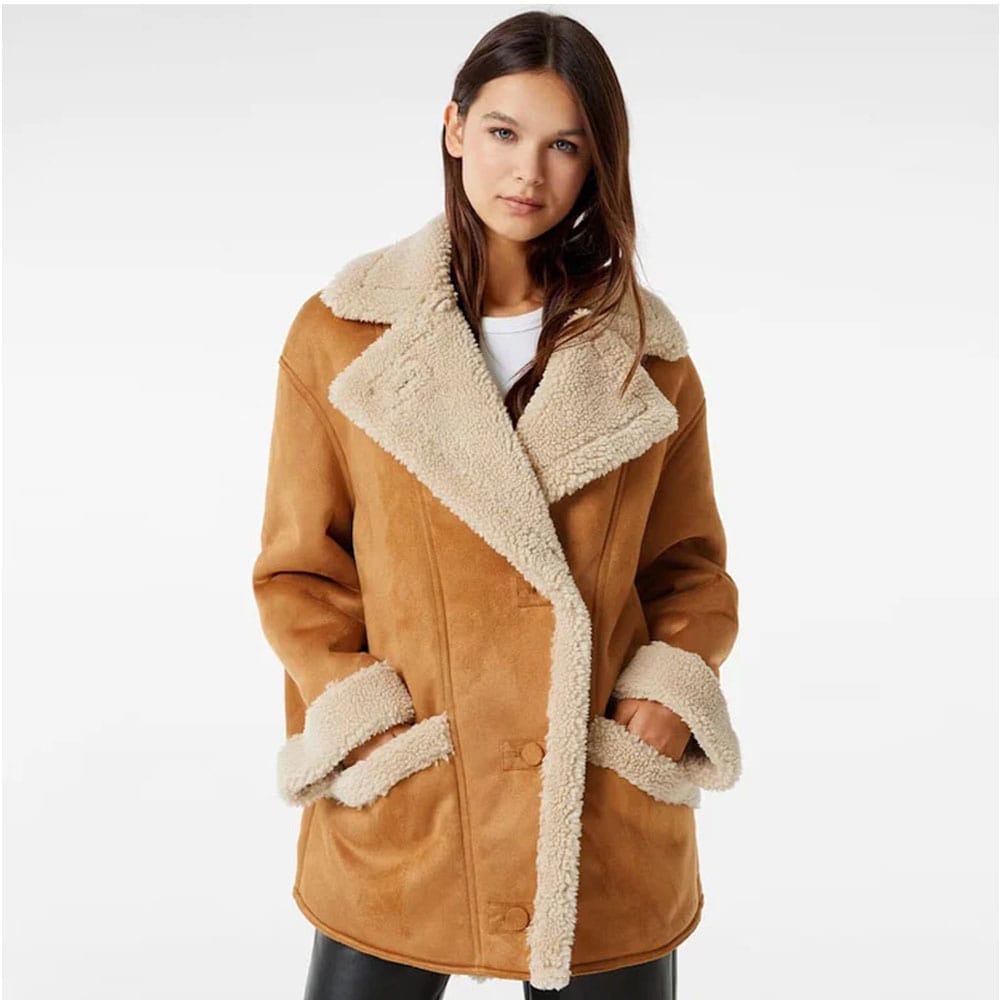 Women RAF B3 Aviator Suede Leather Shearling Fur Coat